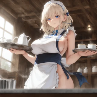 中长发, 卷发, 室内的, 乳头, 侧胸, 杰作, 裸体围裙